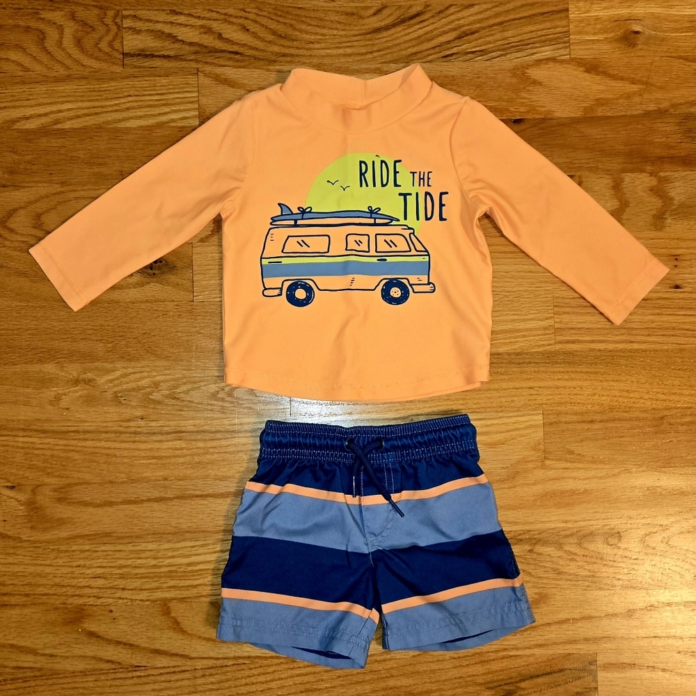 Carter’s Boys Swim Top & Shorts Set in Orange/Blue, Size 9-mo